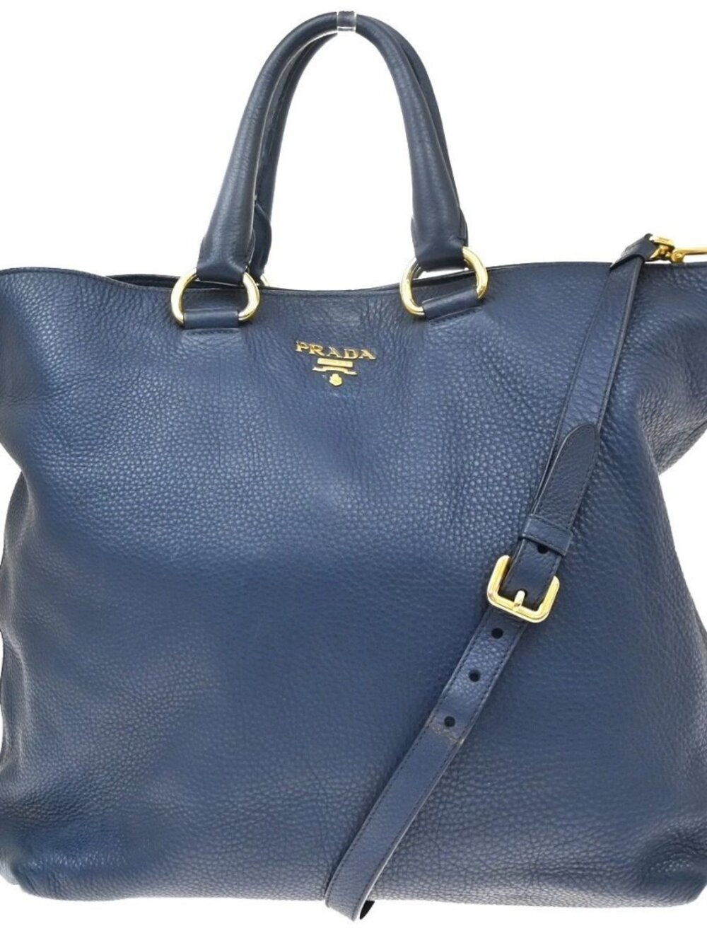 PRADA MILANO Logo 2Way Tote Shoulder Hand Bag Leather Navy Blue GHW 77KD472